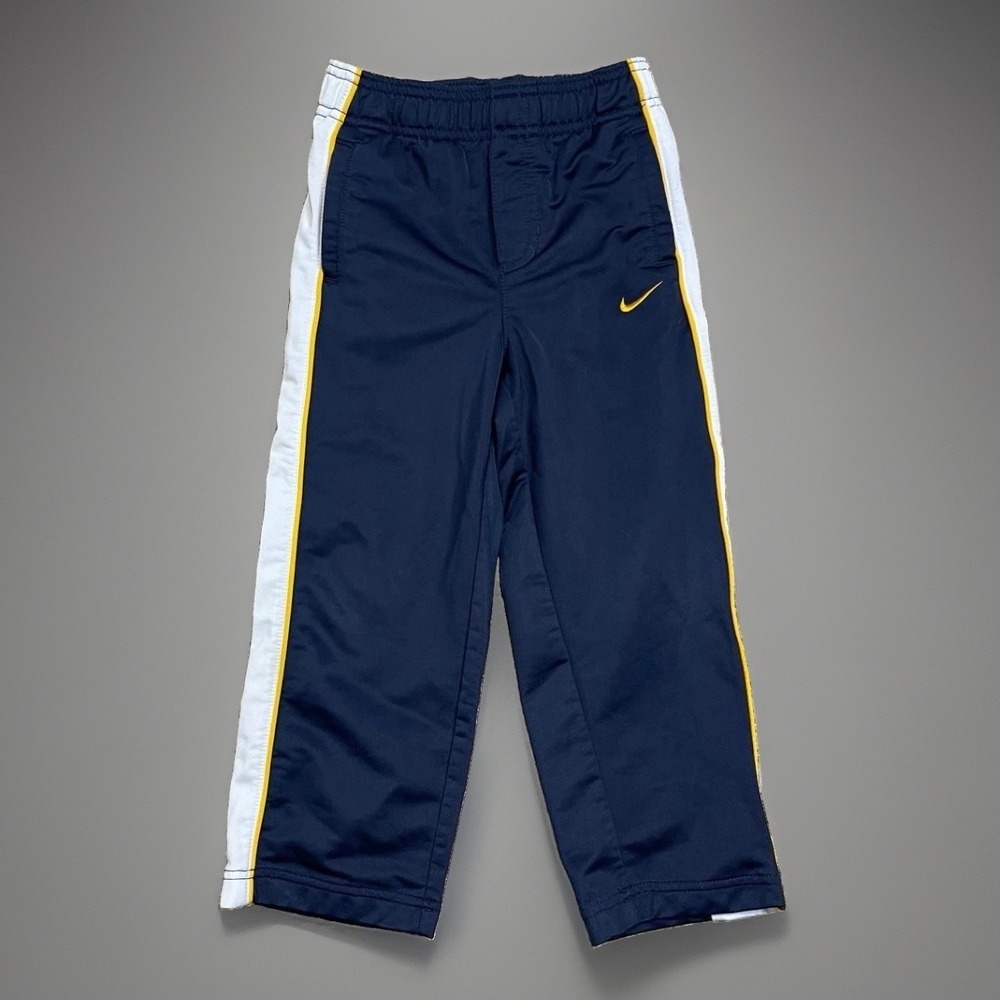 Nike Kids Track Pants Size 4 Navy Blue White Yellow Athletic Joggers